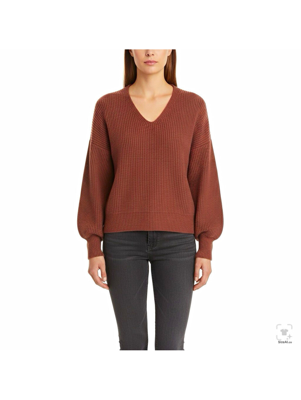 Women’s Madewell Brown Ribbed Knit V-Neck Pullover Balloon Sleeve Sweater XL